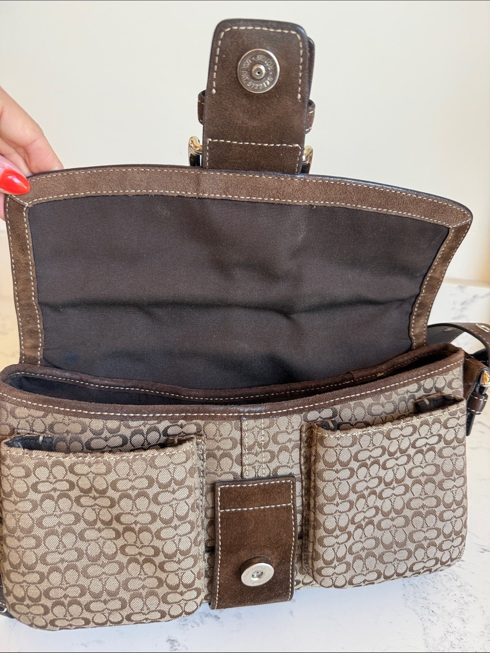 Vintage Coach Monogram Canvas With Brown Suede Soho Flap Signature Shoulder Bag - Picture 12 of 15